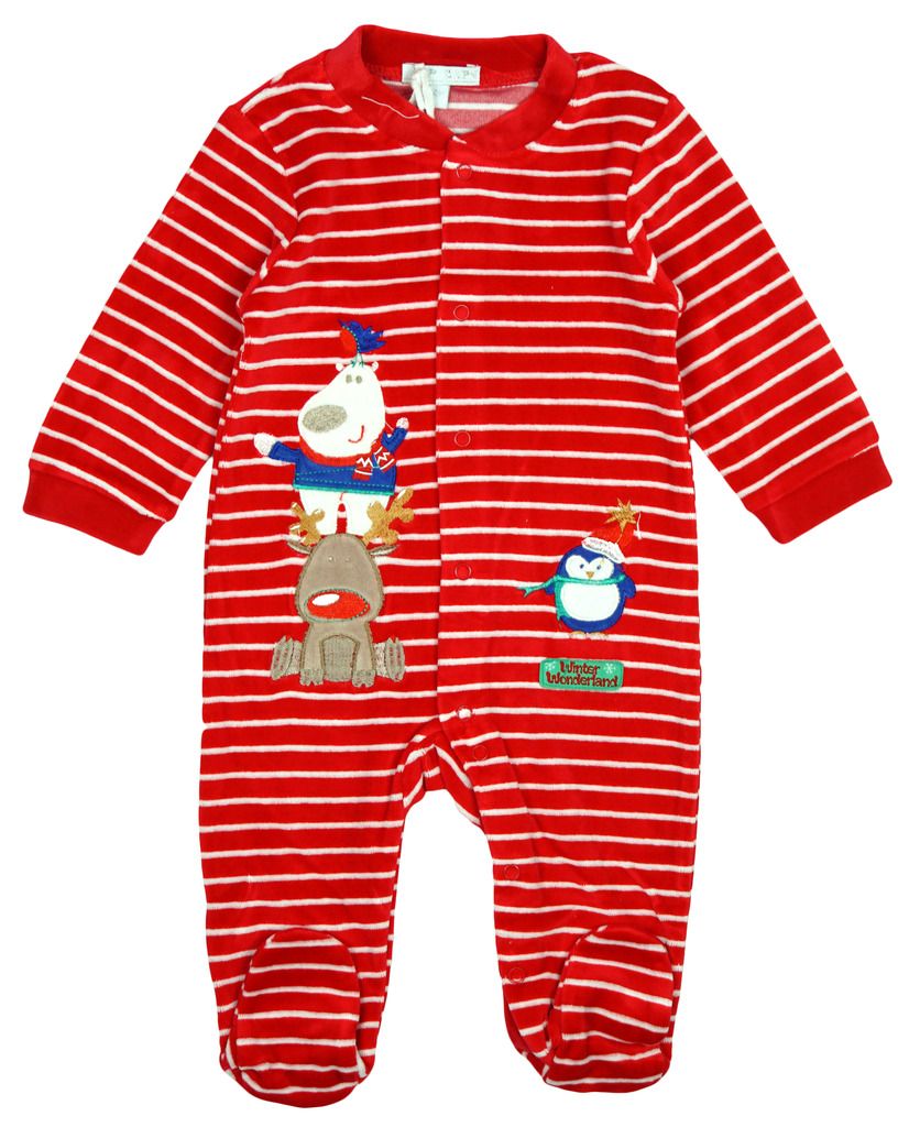 Baby Sleepsuit Velour Romper Winter Wonderland Xmas Stripe Newborn to 6 Months