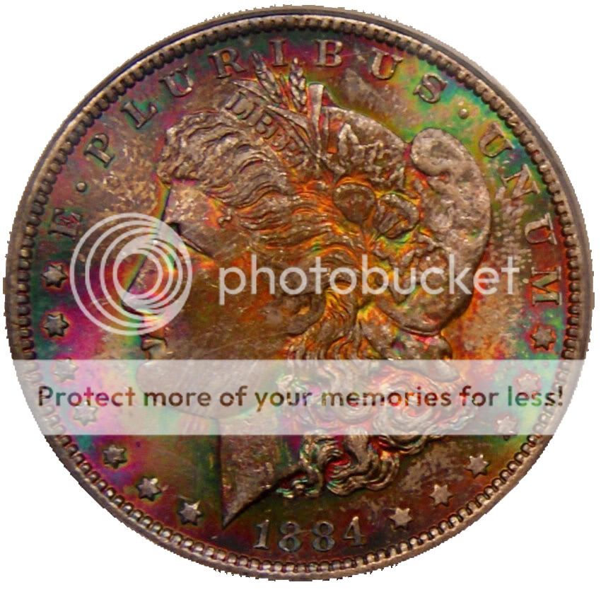 TONED PCGS 1884 O MS65 OUTSANDING COLORS BRILLIANT GREENS & PURPLES 