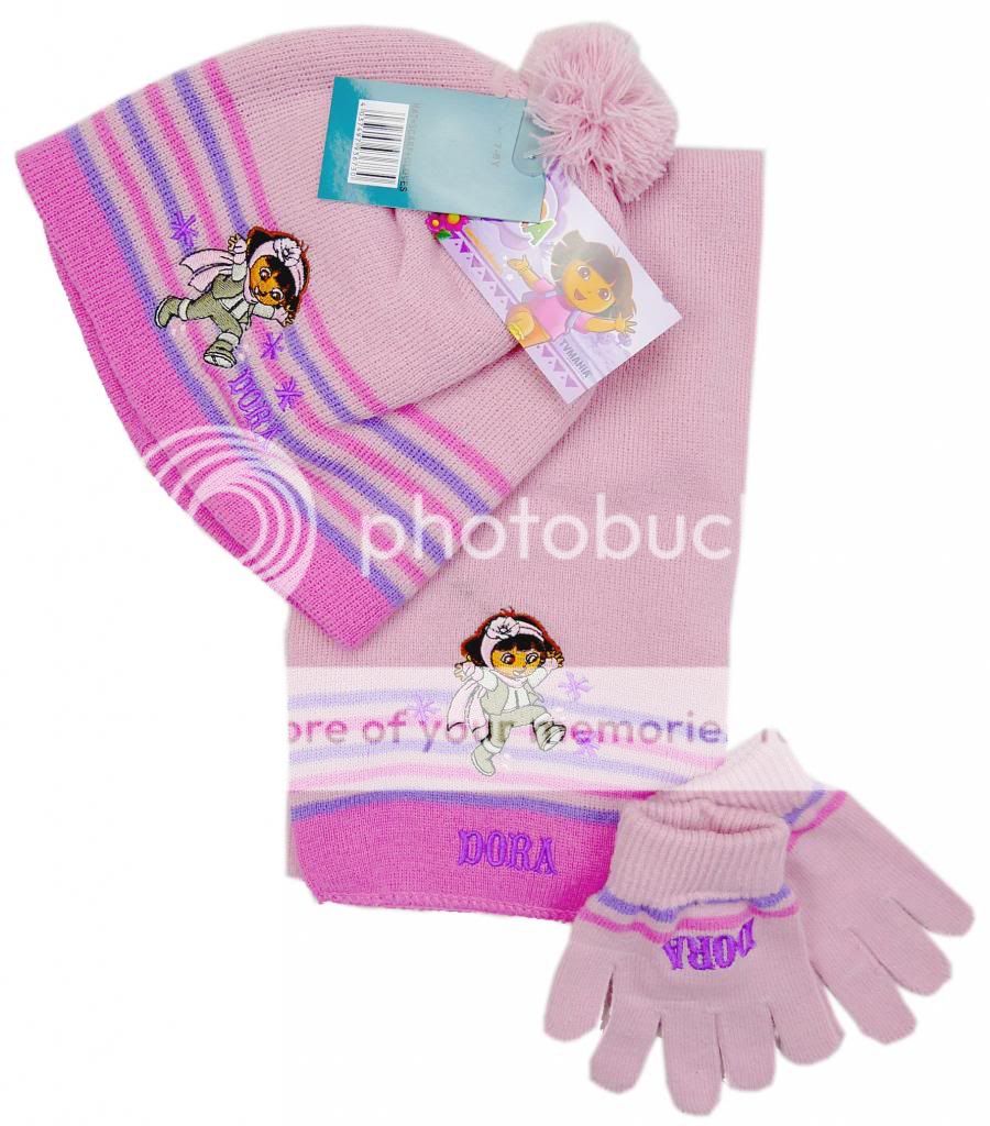 Girls Dora The Explorer Winter Bobble Hat Scarf Gloves Set Pink 3 8 yrs New